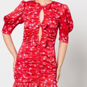 NWOT ROTATE BIRGER CHRISTENSEN Floral Ruched Satin Mini Dress in Red L $332